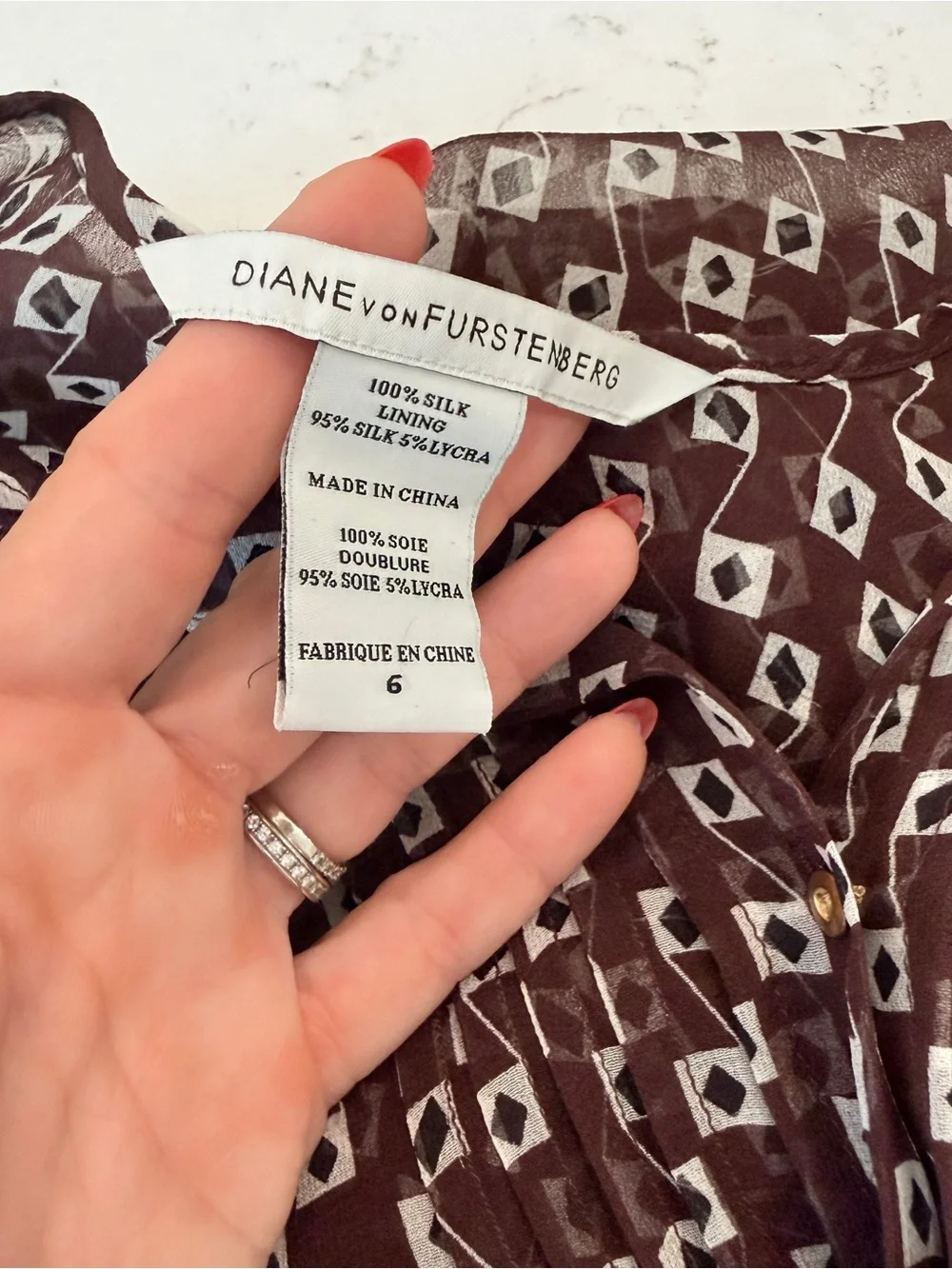 Diane von Furstenberg Brown & Cream Geometric Silk Blouse - Picture 5 of 5